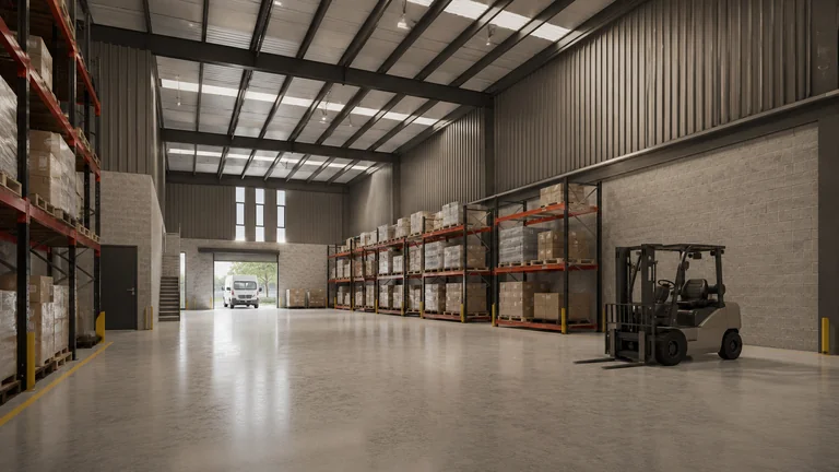 Render de bodega industrial en Umán, Yucatán: interior con racks y montacargas