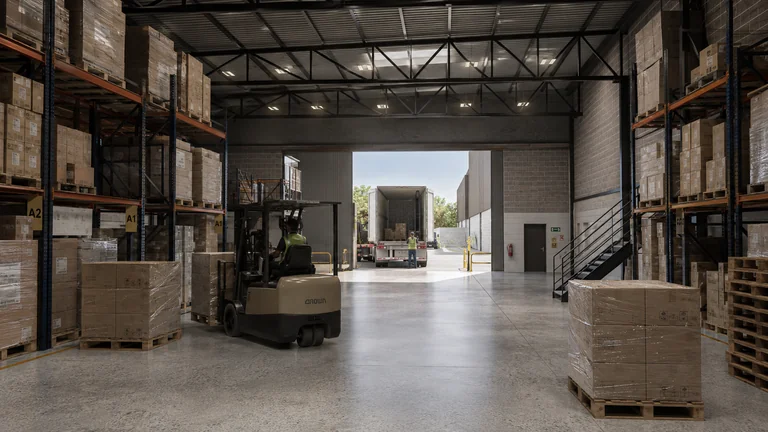 Render de bodega industrial en Umán, Yucatán: andén de carga desde el interior