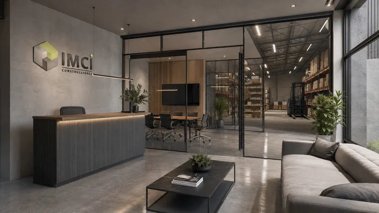 Render de bodega industrial en Umán, Yucatán: recepción y oficinas integradas