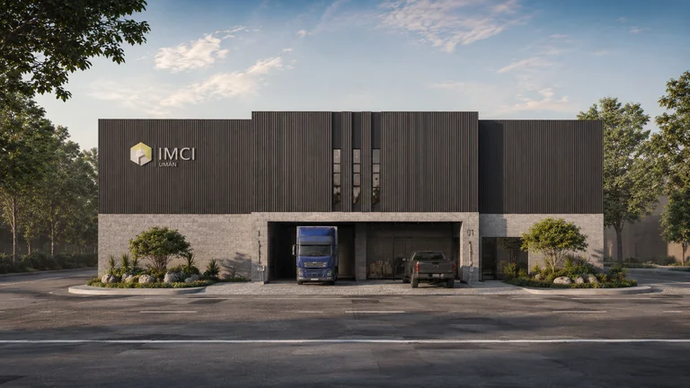 Render de bodega industrial en Umán, Yucatán: fachada frontal y acceso vehicular