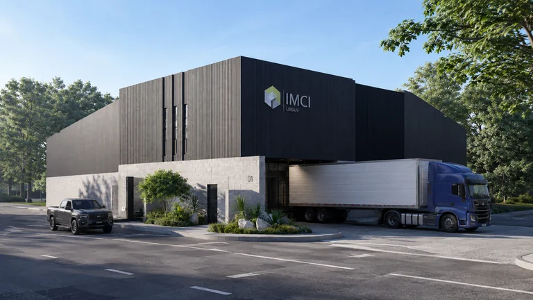 Render de bodega industrial en Umán, Yucatán: fachada lateral con caja completa