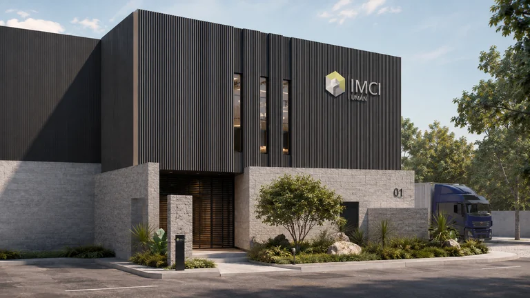 Render de bodega industrial en Umán, Yucatán: acceso peatonal y vehicular