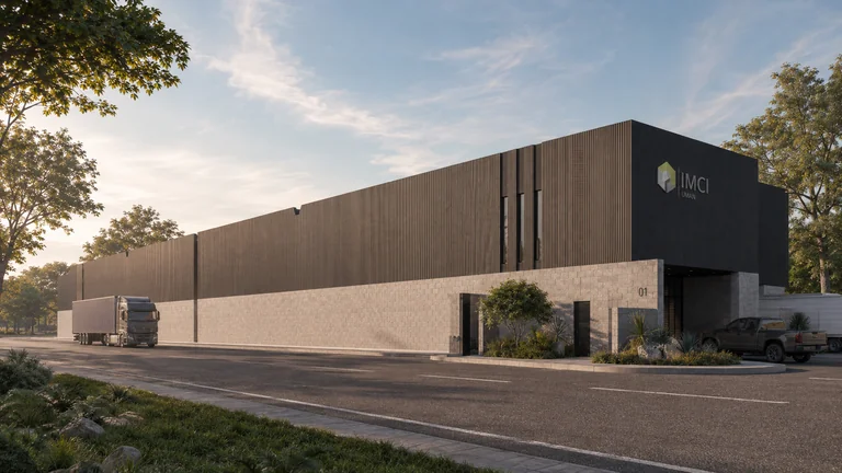 Render de bodega industrial en Umán, Yucatán: fachada lateral sobre vialidad