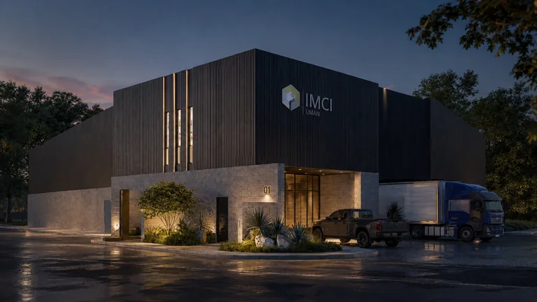 Render de bodega industrial en Umán, Yucatán: fachada nocturna iluminada