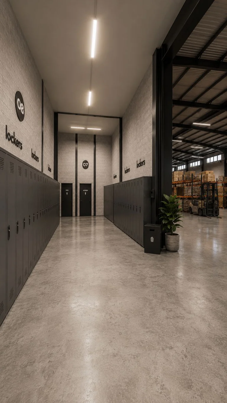 Render de bodega industrial en Umán, Yucatán: pasillo a oficinas y servicios