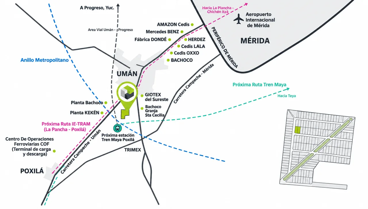 Mapa de ubicación de las bodegas industriales en Umán, Yucatán, entre el Periférico de Mérida y Poxilá, con Amazon, Mercedes Benz, Herdez, Lala, Oxxo y Bachoco alrededor